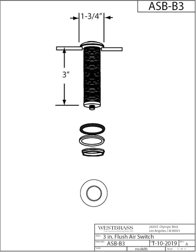 Miniatura 9 de Westbrass ASB-B3-19 - Interruptor de aire de repuesto para eliminación de desechos en la parte superior del fregadero, botón empotrado, bronce