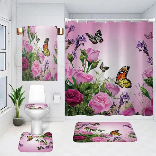 Juego de cortinas de ducha de baño, 5 piezas, cortina de baño de tela impermeable con 12 ganchos, cubierta para tapa de inodoro y tapete de baño,
