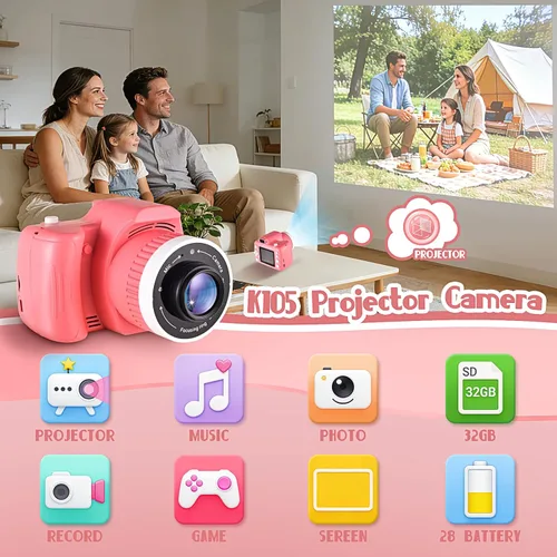 Miniatura 2 de Cámara digital para niños con videojuegos, cámara digital para niños Fhd 1080P, videocámara digital para niños con proyector Stent para regalos, rosa