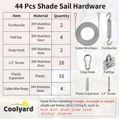 Miniatura 2 de COOLYARD Kit de accesorios para vela con cable de cable, cable de avión recubierto de vinilo de 48 pies (12 pies x 4), kit de colgar de 6 pulgadas