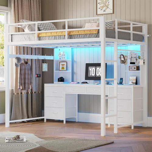 ADORNEVE Cama tipo loft de tamaño completo con escritorio y 8 cajones de almacenamiento, camas loft de metal completas con luces LED y estación de