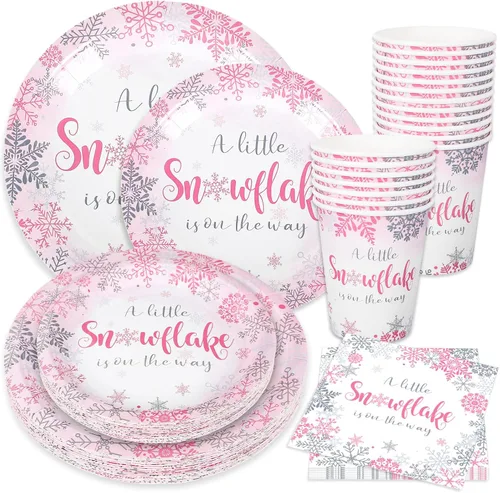 Miniatura 8 de 100 piezas de suministros de fiesta de copo de nieve de invierno, platos de papel y servilletas con tazas, juego de 25 platos azules para baby