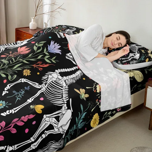 Miniatura 4 de Erosebridal Juego de sábanas de polilla de la muerte, diseño de calavera gótica, tamaño individual, juego de sábanas de flores botánicas con diseño
