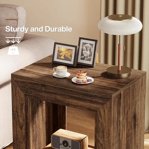 Miniatura 7 de Tribesigns Mesa auxiliar de madera rústica, mesa auxiliar cuadrada de 2 niveles con estante de almacenamiento, mesa auxiliar industrial para sofá
