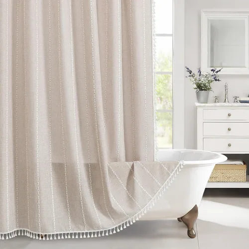 Miniatura 32 de MitoVilla - Juego de cortina de ducha de tela de granja gris, cortinas de ducha de poliéster y lino modernas estilo bohemio para decoración de baño