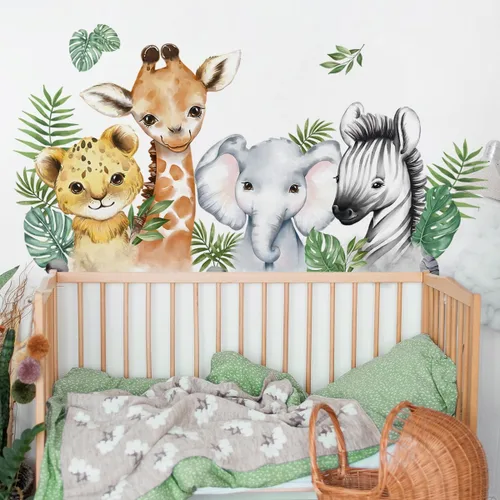 Miniatura 9 de Calcomanías de pared de animales de acuarela de 56.29 x 44.88 pulgadas, calcomanías de animales de selva, tigre, elefante, cebra, jirafa, mono