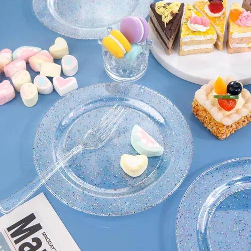 Miniatura 8 de Liacere 100 piezas de platos de plástico con purpurina de colores - transparentes - platos de postre - platos de cena de 7.5 pulgadas con purpurina