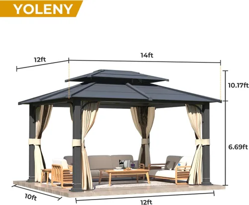 Miniatura 2 de YOLENY Cenador de techo rígido de 12 x 10 pies, toldo para exteriores, techo de acrílico y acero galvanizado, marco de aluminio con cortinas y red