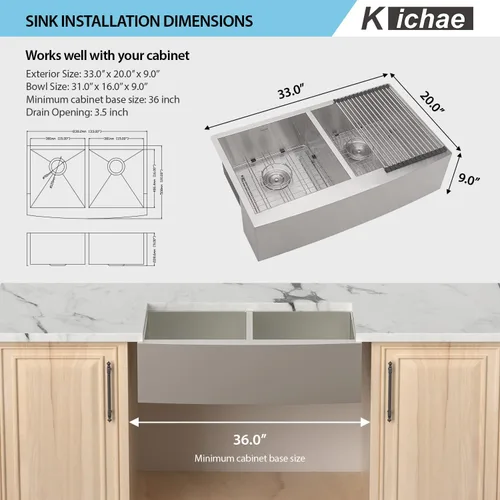 Miniatura 5 de Kichae 33 Farm Sink Double Bowl - Delantal de fregadero de granja de 33 pulgadas, delantal frontal de doble tazón, acero inoxidable 50/50, calibre