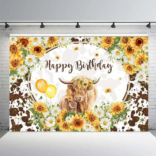 MEHOFOND Fondo floral de cumpleaños de vacas de las tierras altas de 7 x 5 pies, ganado marrón, decoración de fiesta de feliz cumpleaños, girasoles,