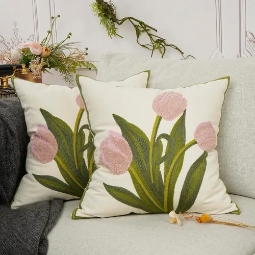 Miniatura 2 de YOUR SMILE Paquete de 2 fundas de almohada bordadas decorativas de 18 x 18 pulgadas, funda de cojín floral de granja para el suelo, para sofá, sala