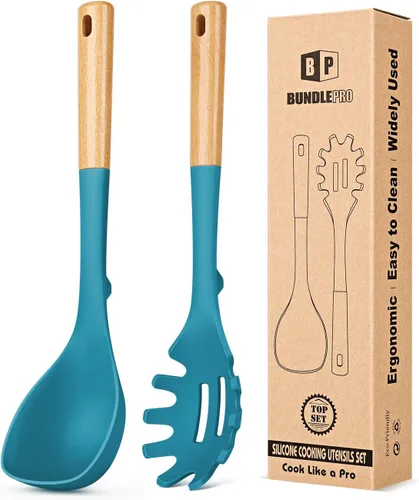 Miniatura 10 de Juego de cucharón de sopa de silicona y cuchara de espagueti con mango de madera, utensilios de cocina antiadherentes resistentes al calor para Caqui