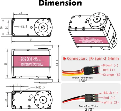 Miniatura 5 de RDS5180 - Servo motor robótico de metal digital de 176.4 lbs de alto par de torsión de doble eje servo brazo impermeable IP66 con soportes de metal