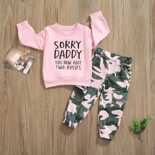 Miniatura 107 de Mandizy Conjunto de ropa de otoño para bebé niña pequeña, sudadera de manga larga con estampado de letras bendecidas, pantalones de camuflaje