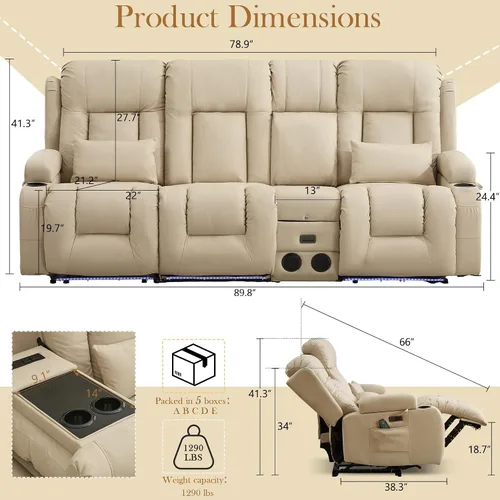 Miniatura 2 de TUNYI Sofá Reclinable Eléctrico Loveseat con Masaje y Calor, Asientos de Cine en Casa con Consola, Sofá Reclinable RV Loveseat con USB/Toma