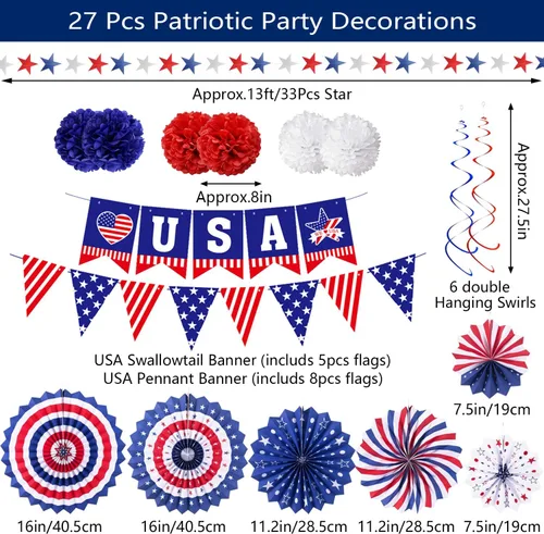 Miniatura 3 de Decoraciones de fiesta patriótica del 4 de julio, 6 abanicos de papel, 6 bolas de flores, 1 bandera de cola de golondrina de Estados Unidos, 1