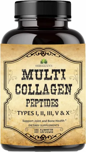 HERBALICIOUS Cápsulas de péptidos de colágeno múltiple, sin OMG y sin gluten, tipo I, II, III, V, X, suplementos de colágeno hidrolizado con