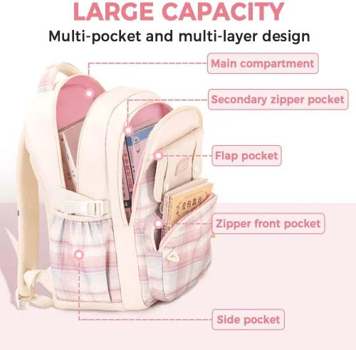 Miniatura 2 de Linda mochila universitaria para laptop para mujer, bolsa de computadora estética de gran capacidad, mochila kawaii rosa con colgante (beige)