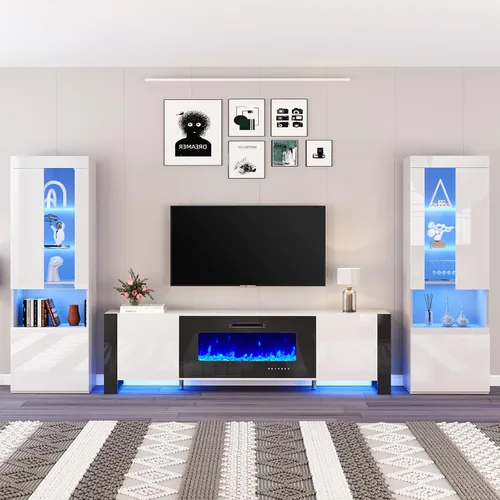 Miniatura 12 de AMERLIFE Moderno soporte de TV con chimenea de 70 pulgadas con chimenea eléctrica de 36 pulgadas y 2 estanterías LED de almacenamiento grandes, Todo