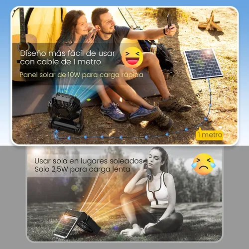 Miniatura 5 de Ventilador Solar de 20000mAh con Farol LED, Panel Solar Recargable de 10W, Ventilador de Camping Alimentado por Batería para Exteriores, de 9
