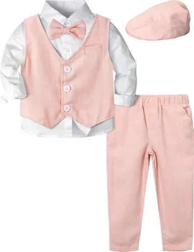A&J DESIGN Traje para bebé y niño pequeño, de 12 meses a 5 años, camisa y pantalones, chaleco, pajarita y gorra de conductor de 5 piezas