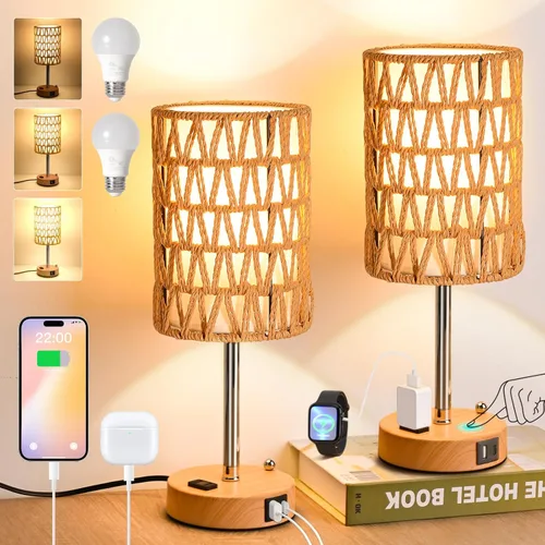 Miniatura 11 de Lámparas de mesa de ratán para sala de estar, lámparas táctiles regulables de 3 vías, lámparas de noche pequeñas con bombillas LED, soporte