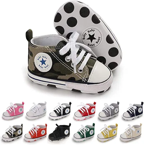 Zapatos de bebé, para niñas o niños, suaves, suela antideslizante, para recién nacidos y primeros pasos, de estrella, tenis caña alta de lona,