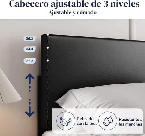 Miniatura 4 de Allewie - Base de cama tamaño King con cabecera ajustable, plataforma de cama de piel sintética con listones de madera, base de colchón resistente