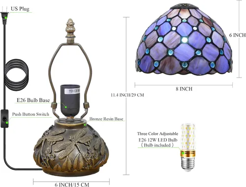 Miniatura 3 de Pequeña Lámpara Tiffany Mini Lámpara de Mesa de Vidrio Manchado Estilo Perla Púrpura Seta Lámpara de Acento 8X11 Pulgadas