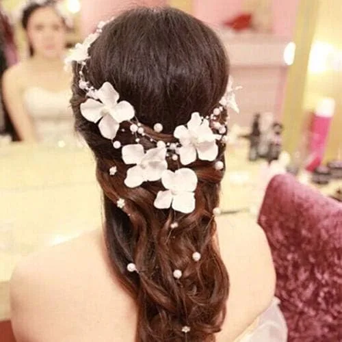 Miniatura 3 de Diadema flexible con perlas de imitación y flores, para boda, fiesta, novia, diadema tiara
