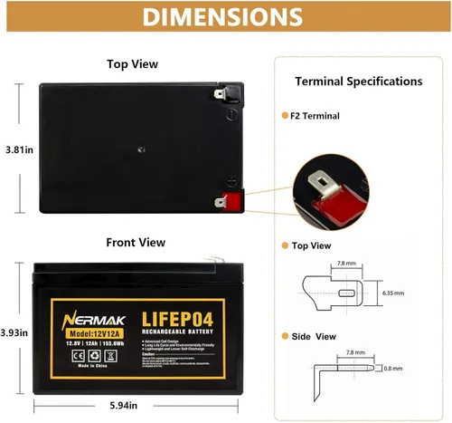 Miniatura 2 de NERMAK Batería de ciclo profundo LiFePO4 de 12 V, 12 Ah, más de 2000 ciclos, batería recargable de fosfato de hierro de litio para ruedas