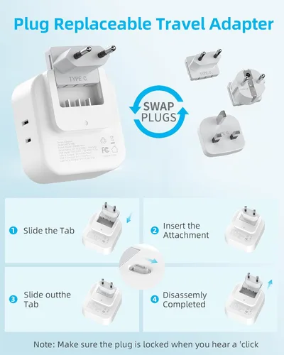 Miniatura 5 de Juego de adaptadores de enchufe de viaje europeo, adaptador de viaje 8 en 1 con 4 tomas, 4 puertos USB (2 USB C), adaptador de viaje universal