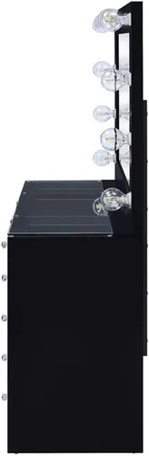 Miniatura 3 de MAKLAINE Juego de tocador de 7 cajones con espejo iluminado, parte superior de madera y vidrio, acabado negro de alto brillo, tocador contemporáneo