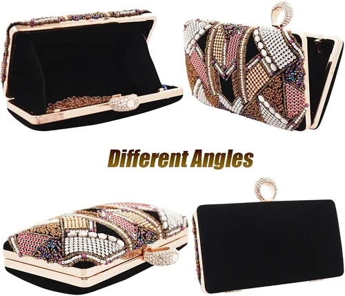 Miniatura 7 de Embragues para mujer Bolso de noche con cuentas de colores Bolso de diamantes de imitación Monederos de pelusa Bolsos de boda (negro), Negro