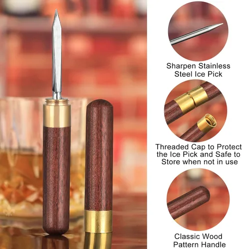 Miniatura 7 de Juego de 2 palillos de hielo de tres puntas, palillo de hielo de acero inoxidable con mango de madera antideslizante, herramienta de camarero