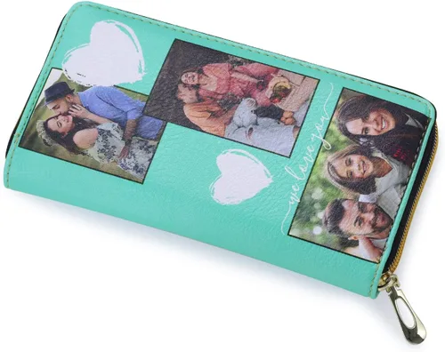 Gemszoo Cartera de fotos personalizada para mujer, con nombre grabado y nombre, larga para tarjetas de crédito, con cremallera alrededor de la
