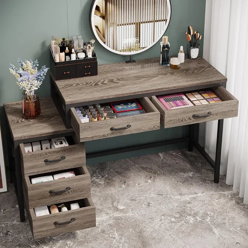 Miniatura 4 de Tribesigns Escritorio de tocador con 5 cajones, tocador de maquillaje con 3 cajones laterales, tocadores de maquillaje para mujeres, niñas