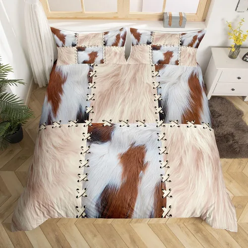 Miniatura 37 de Juego de ropa de cama con estampado de piel de vaca para niños, juego de funda de edredón con patrón de piel de vaca, juego de funda de edredón