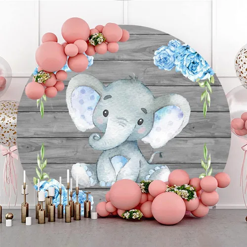Miniatura 2 de Yeele Telón de fondo redondo de elefante gris de 6.5 x 6.5 pies, tablero de madera rústica, flores azules, fondo de fotografía, baby shower