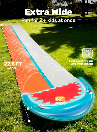 Miniatura 2 de Sloosh Toboganes acuáticos con 2 tablas inflables, tobogán de agua de doble carril de 22.5 pies con rociadores avanzados, juguete de verano