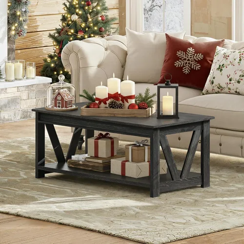 Miniatura 2 de WLIVE Mesa de Centro, Mesa de Centro Estilo Granja de 43" con Estante de Almacenamiento y Soporte Resistente en Forma de V, Mesa Central de Madera