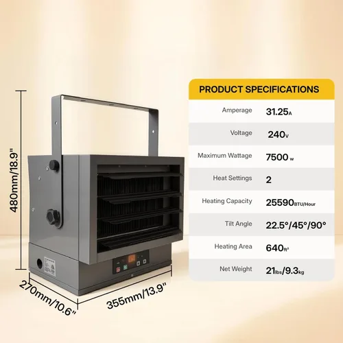 Miniatura 5 de Calentador de Garaje 7500W Calentador Eléctrico de Ventilador Forzado - Montaje en Pared/Techo, Control Inteligente de Temperatura, Protección