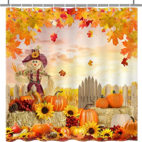 Miniatura 4 de Mocsicka Cortina de ducha de otoño, espantapájaros, calabaza, hojas lisas, girasol, linda cortina de ducha de otoño, cortina de baño de Acción