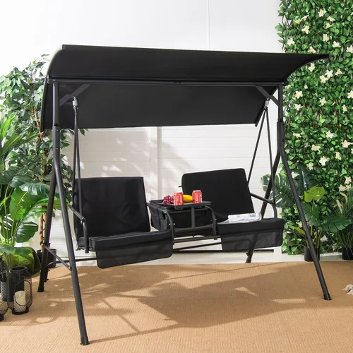 Miniatura 2 de Tangkula Columpio de porche para 2 personas, columpio al aire libre con mesa de almacenamiento pivotante, bolsa refrigerante, 2 soportes para tazas