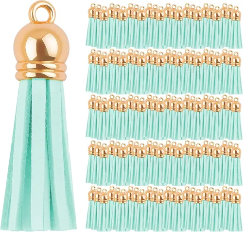 Miniatura 121 de Mandala Crafts 100 borlas de gamuza sintética color aguamarina con tapa dorada, suministros para hacer llaveros a granel, pequeñas borlas de cuero