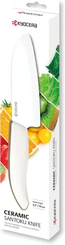 Cuchillo Santoku de la marca Kyocera Advanced Ceramic y de la serie Revolution con 5 1/2 pulgadas, hoja blanca, 5.5 pulgadas, Mango blanco y