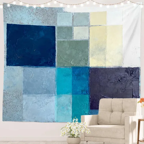 Miniatura 11 de Batmerry Tapiz azul y blanco, tapiz abstracto de pintura azul, negro, gris y blanco, para sala de estar, dormitorio, pared, decorativo, 51.2 x 59.1