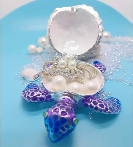 Miniatura 3 de YU FENG Caja de joyería de figura de tortuga marina con bisagras coleccionables de cristal con bisutería decorativa de tortuga de animales (morado)