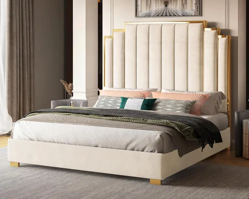 Miniatura 11 de Albott Marco de cama de plataforma tamaño Queen, cama tapizada de terciopelo de 61.4 pulgadas con cabecero de ribete dorado, listones de madera,