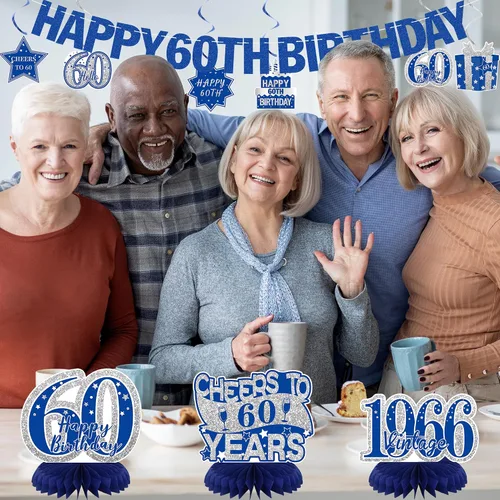 Miniatura 7 de Crenics Decoraciones azules de 60 cumpleaños para hombres o mujeres – Cartel de feliz cumpleaños 60, pancarta impresionante desde 1966, centros
